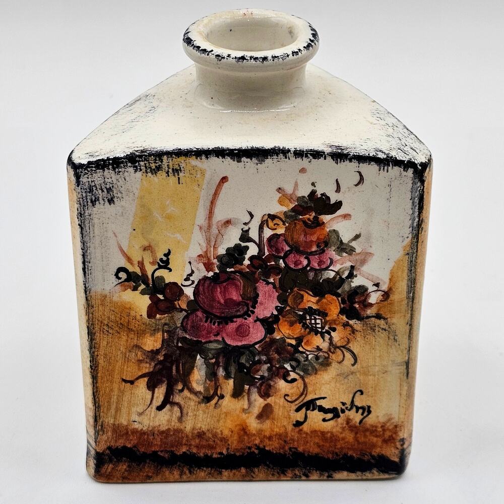 Artist Signed Greek Triangular Vase Hand Painted Floral Mediterranean Pottery